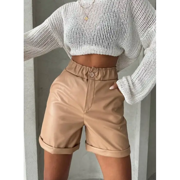 Beli lastikli duble paça deri şort bej w24755