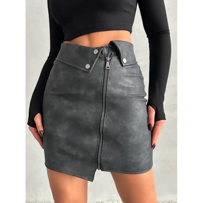 Beli pervazlı fermuarlı eskitme deri etek w24431