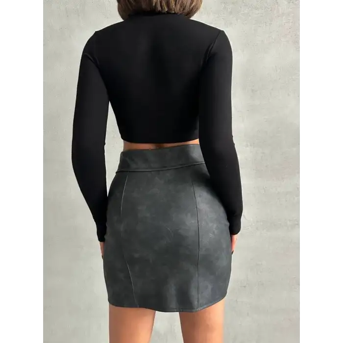 Beli pervazlı fermuarlı eskitme deri etek w24431