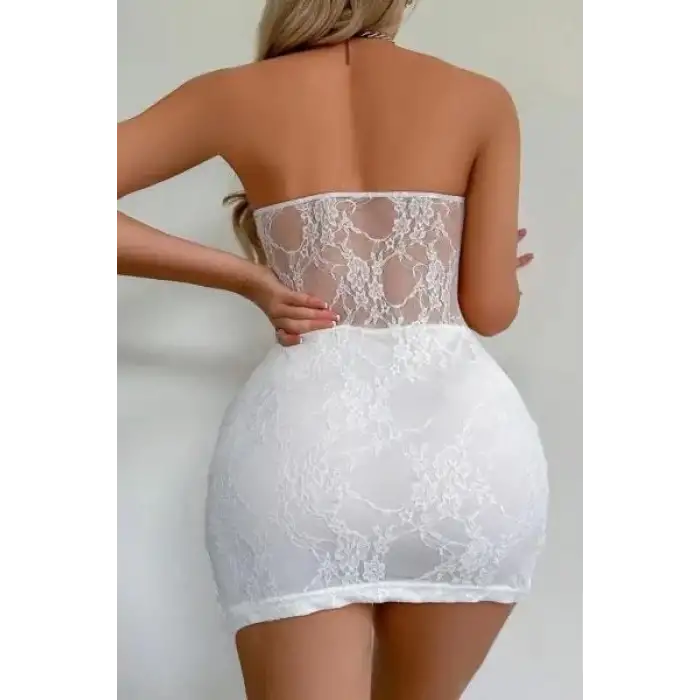 Beyaz Dantel İşlemeli Göğüs Dekolteli Seksi 5081