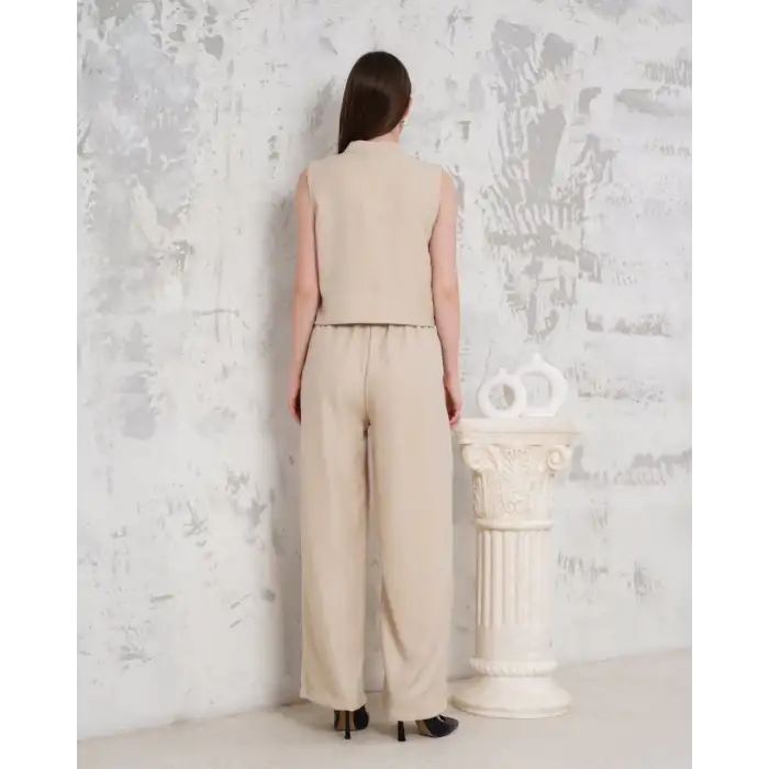 Broşlu yelek pantolon takım bej s255821
