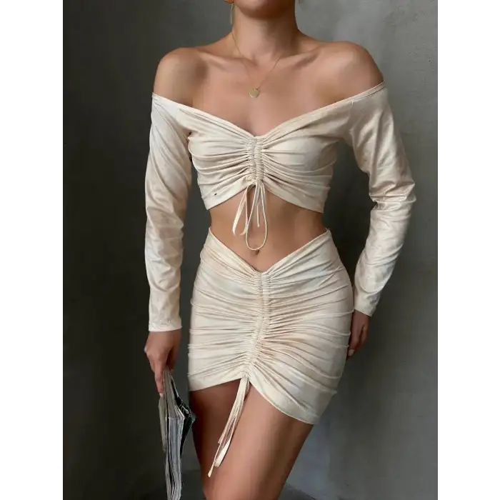 Büzgülü etek bluz takım bej s24709