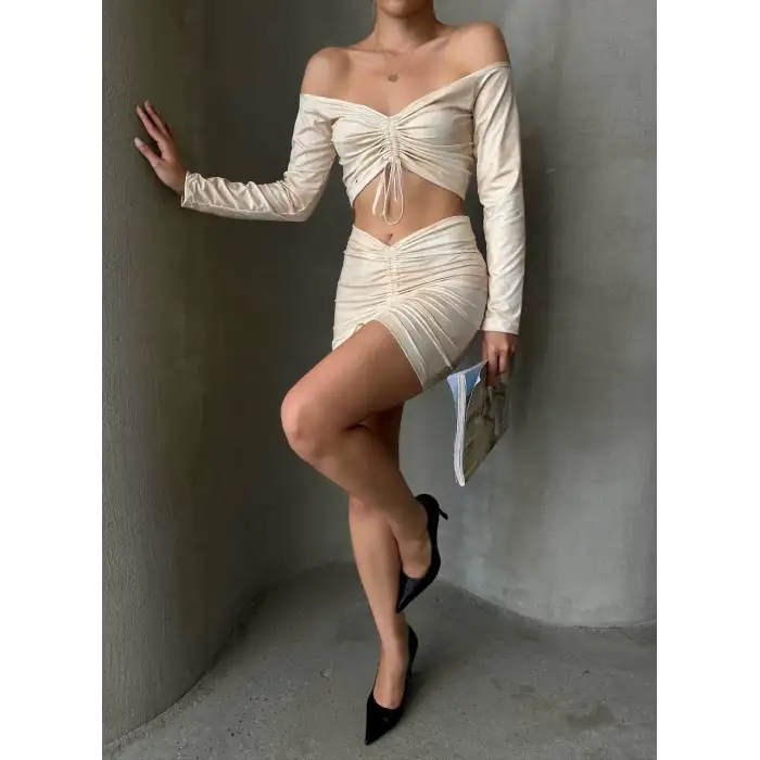 Büzgülü etek bluz takım bej s24709