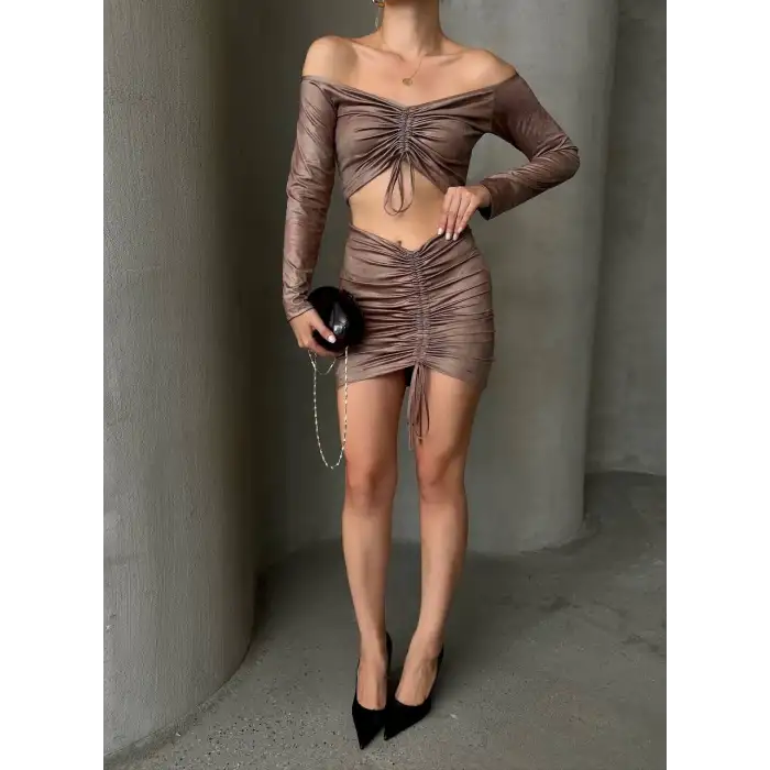 Büzgülü etek bluz takım kahve s24709