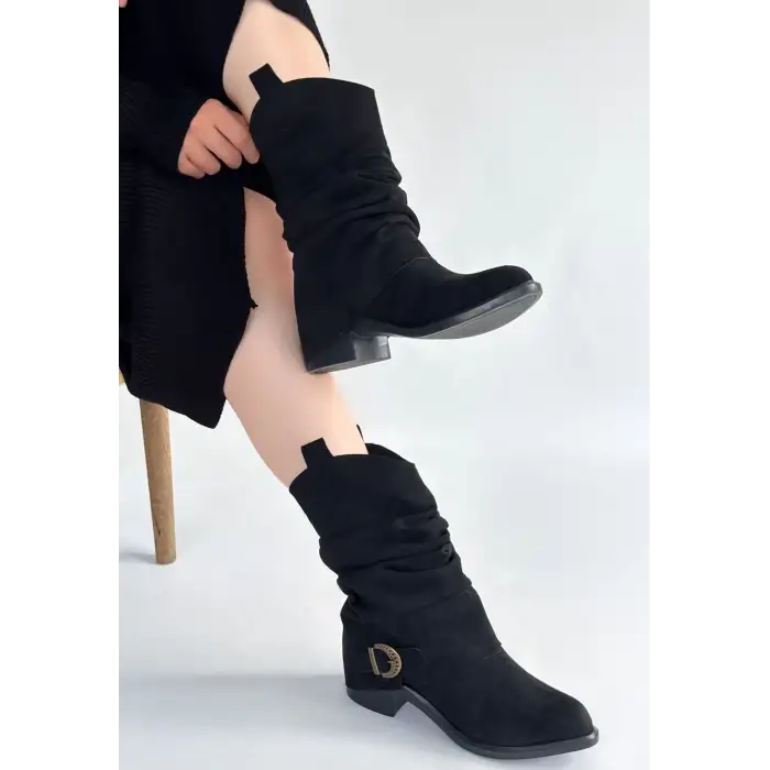 Canty Siyah Süet Körüklü Topuklu Çizme