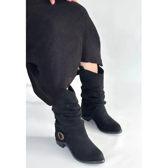 Canty Siyah Süet Körüklü Topuklu Çizme