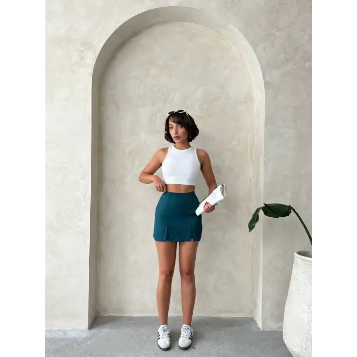 Çift yırtmaçlı atlas şort etek petrol yeşili s240364