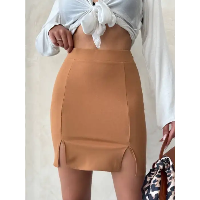 Çift yırtmaçlı etek camel s25910