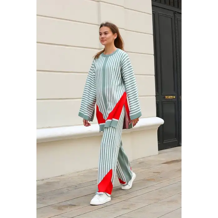 Çizgili bisiklet yaka triko takım Mint