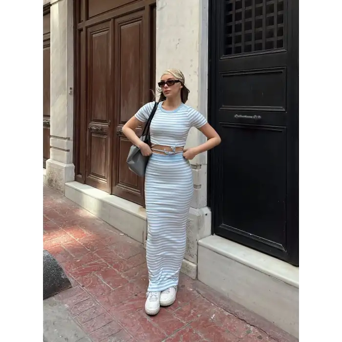 Çizgili etekli takım mavi s3609