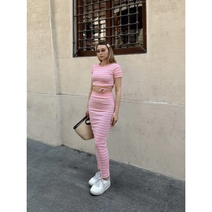 Çizgili etekli takım pembe s3609