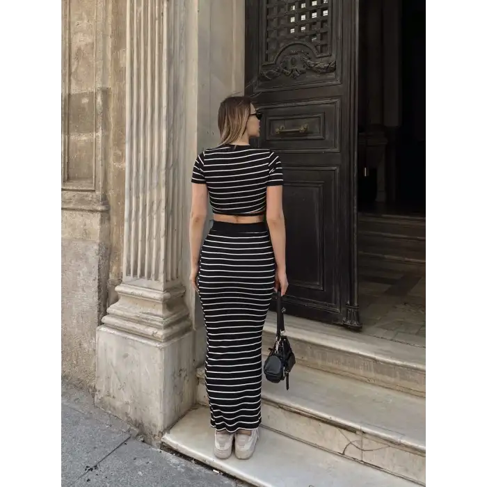 Çizgili etekli takım siyah s3609