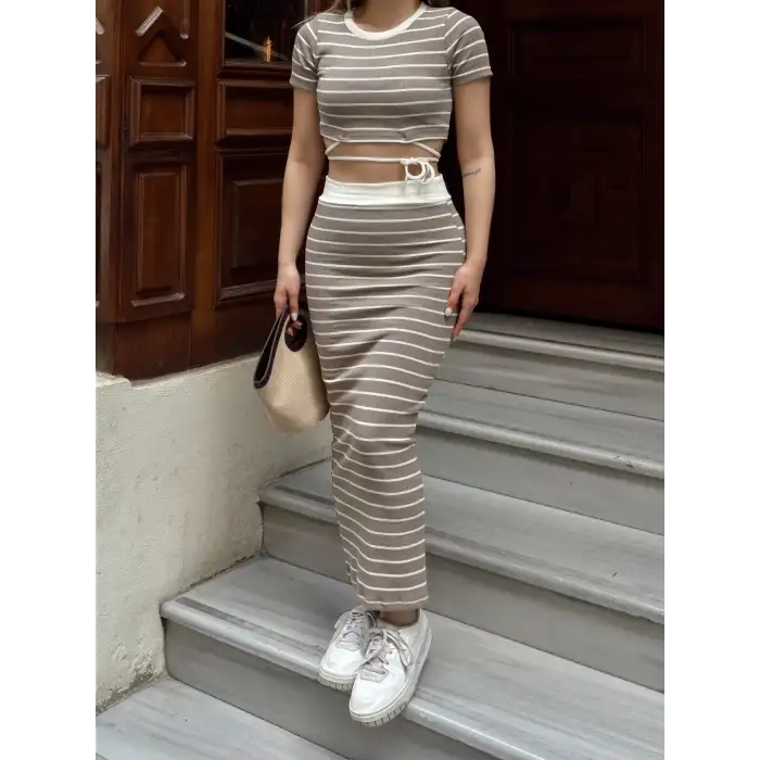 Çizgili etekli takım vizon s3609