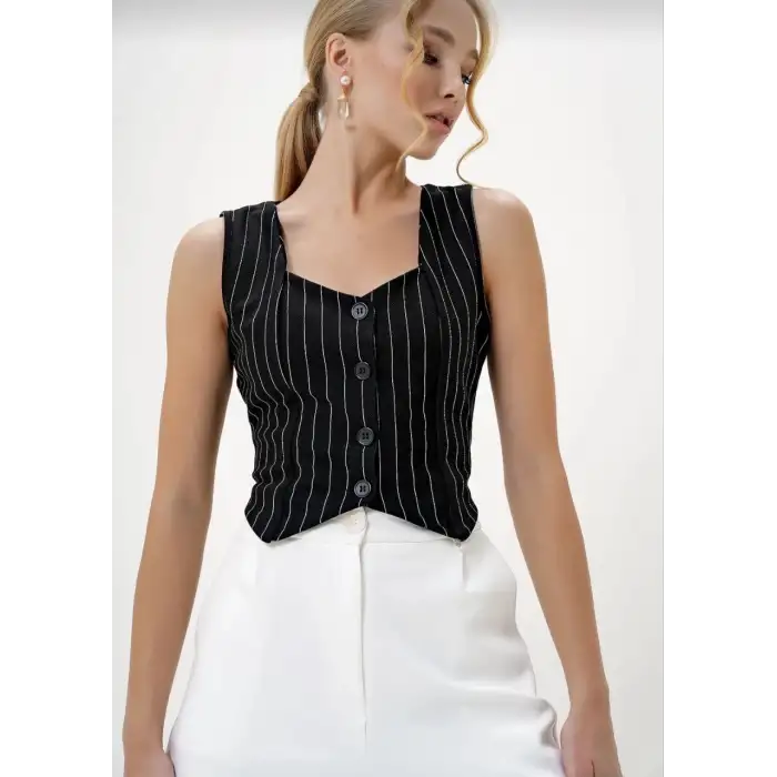 Çizgili krep düğmeli yelek siyah s3395