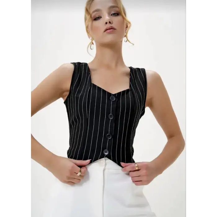 Çizgili krep düğmeli yelek siyah s3395
