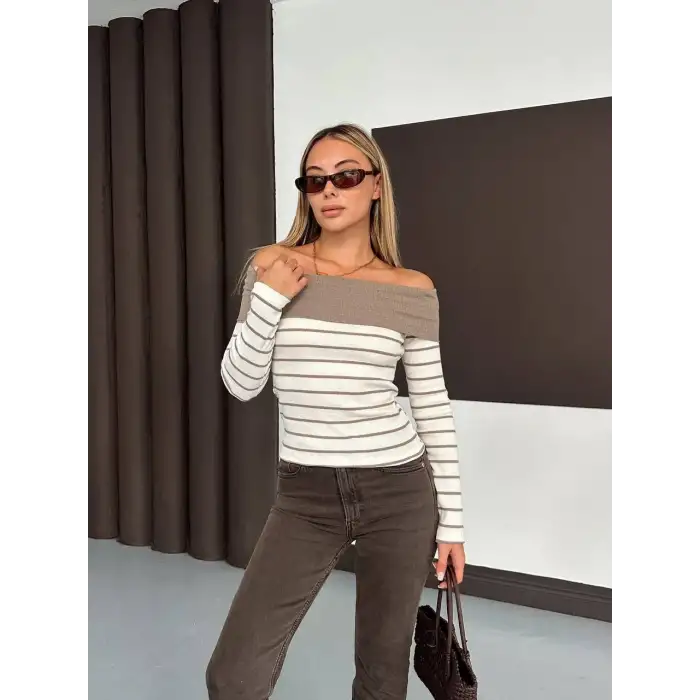 Çizgili madonna yaka kaşkorse bluz bej a844