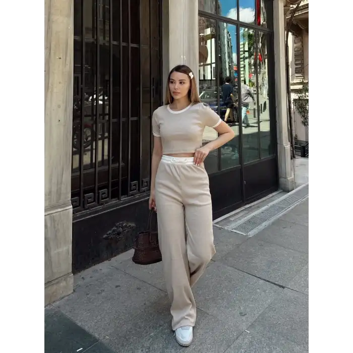 Crop pantolon biyeli takım bej