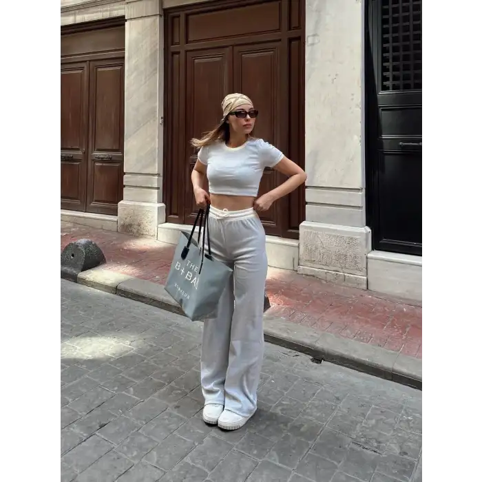 Crop pantolon biyeli takım gri