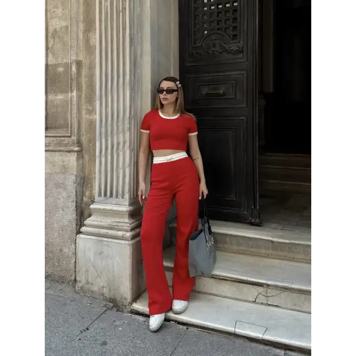 Crop pantolon biyeli takım kırmızı