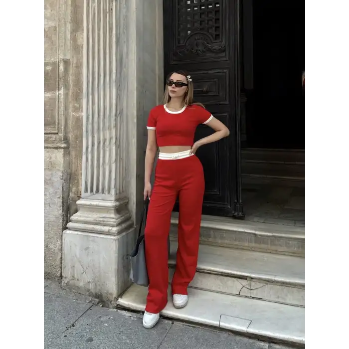 Crop pantolon biyeli takım kırmızı
