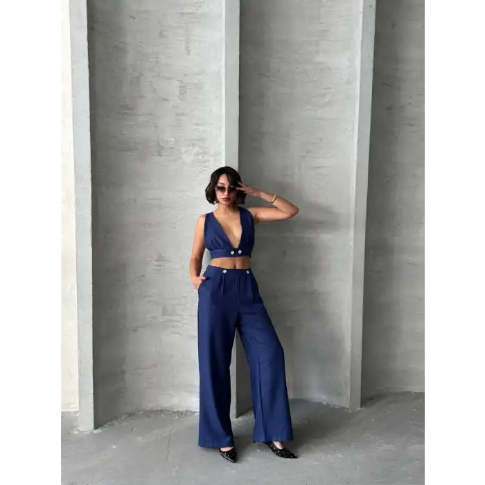 Crop pantolon keten takım s255012