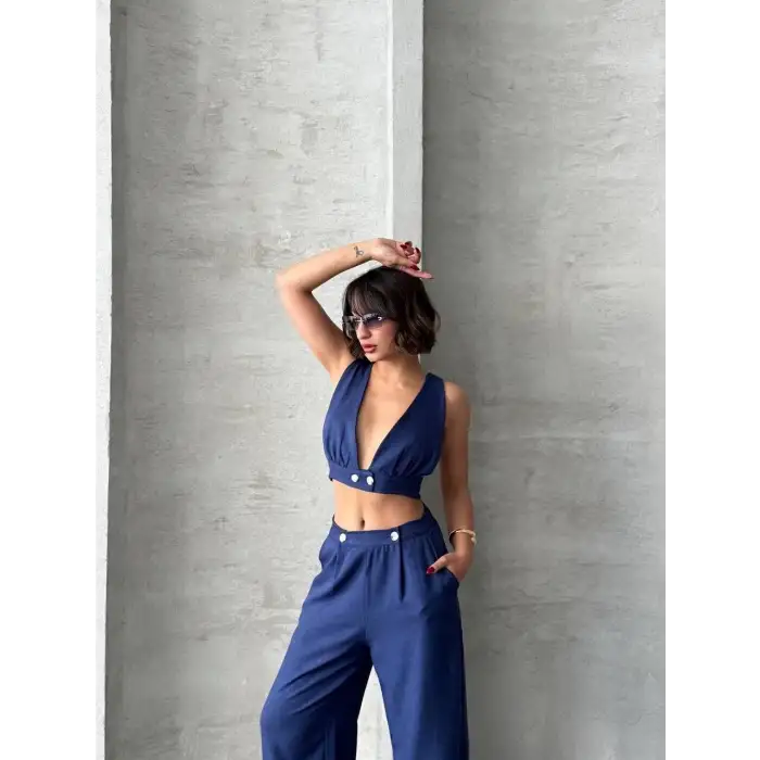 Crop pantolon keten takım s255012