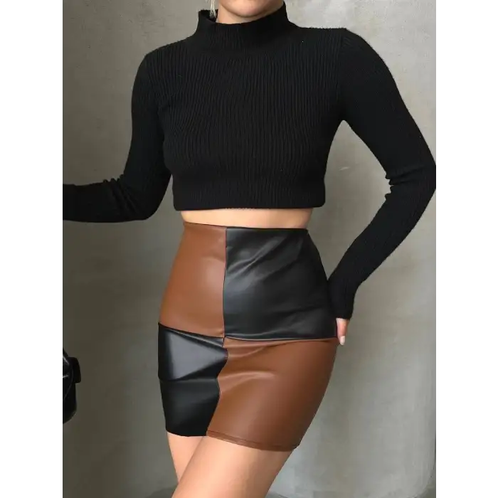 Damalı deri etek siyah kahve w24648