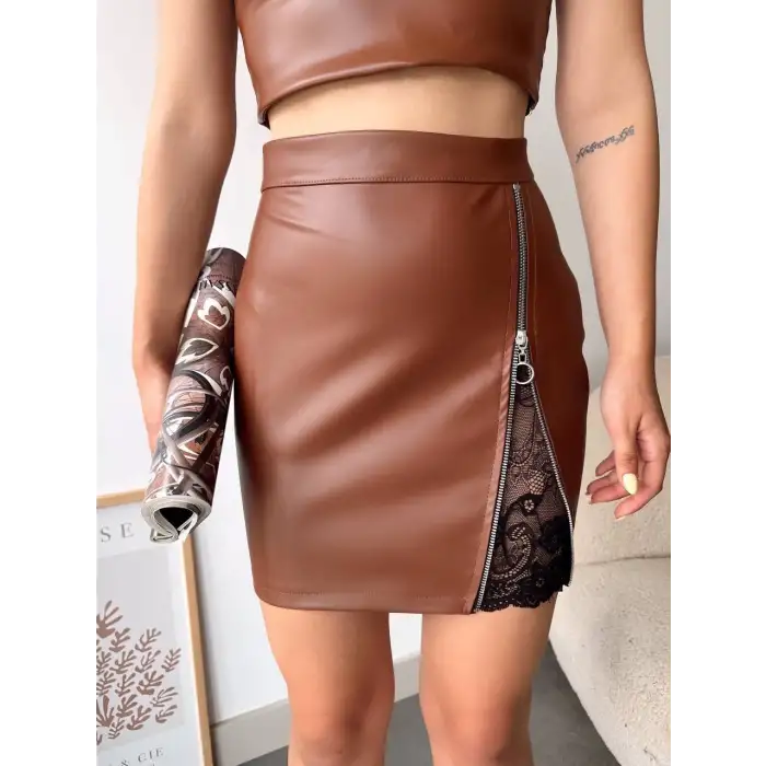Dantelli fermuarlı deri etek kahve w24598