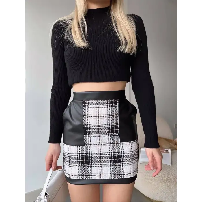 Deri cep garnili kaşe etek siyah h24604