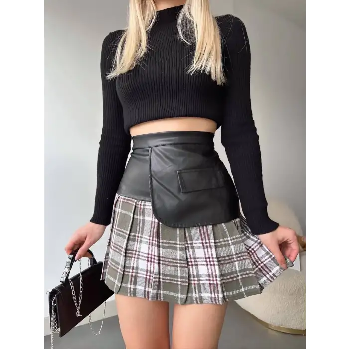 Deri garnili cepli ekose etek siyah s24604