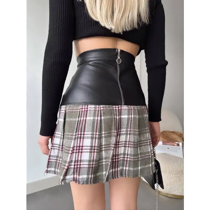 Deri garnili cepli ekose etek siyah s24604