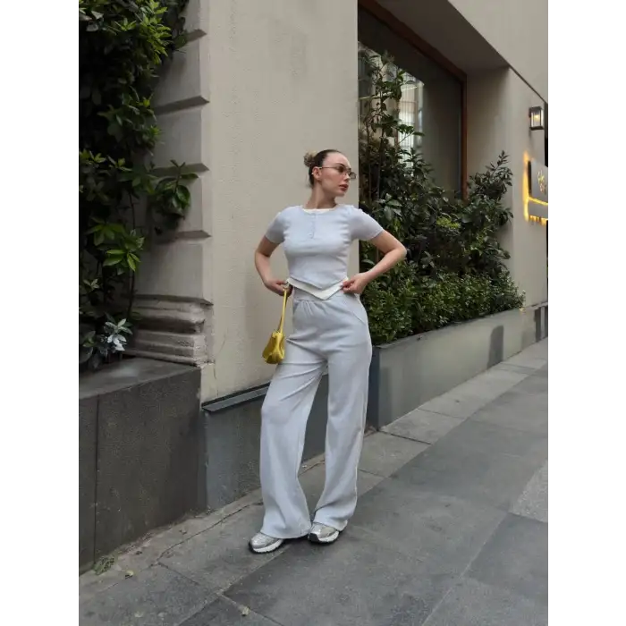 Düğme yakalı gri alt üst takım s3943