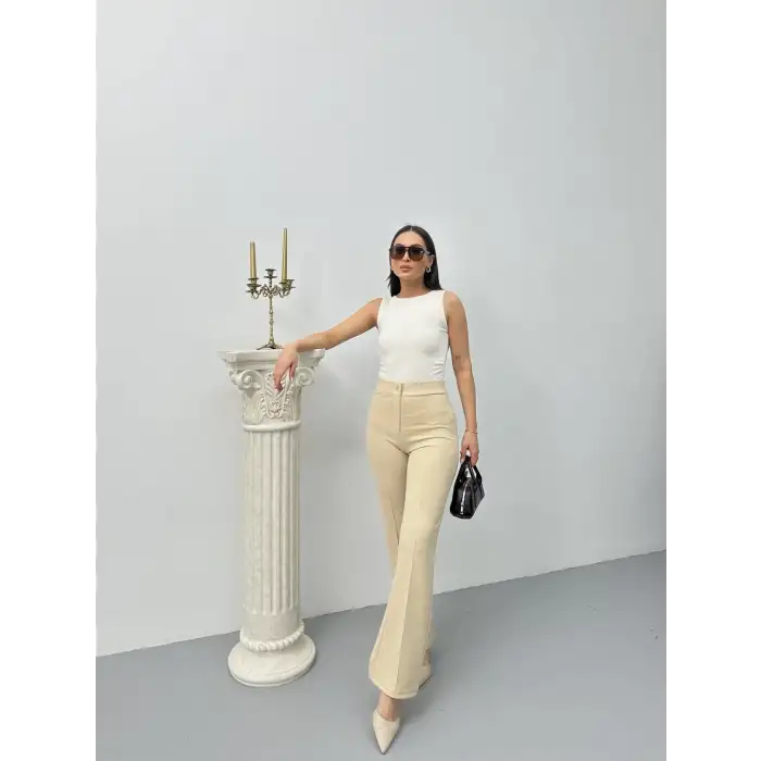 Düğmeli Palazzo pantolon bej p170091