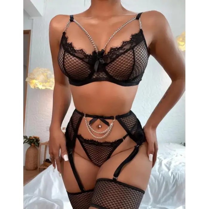 Fantezi Zincirli Siyah Jartiyer Takımı 2057