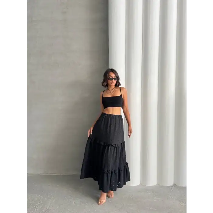 Fırfırlı brodeli astarlı uzun etek siyah s255047