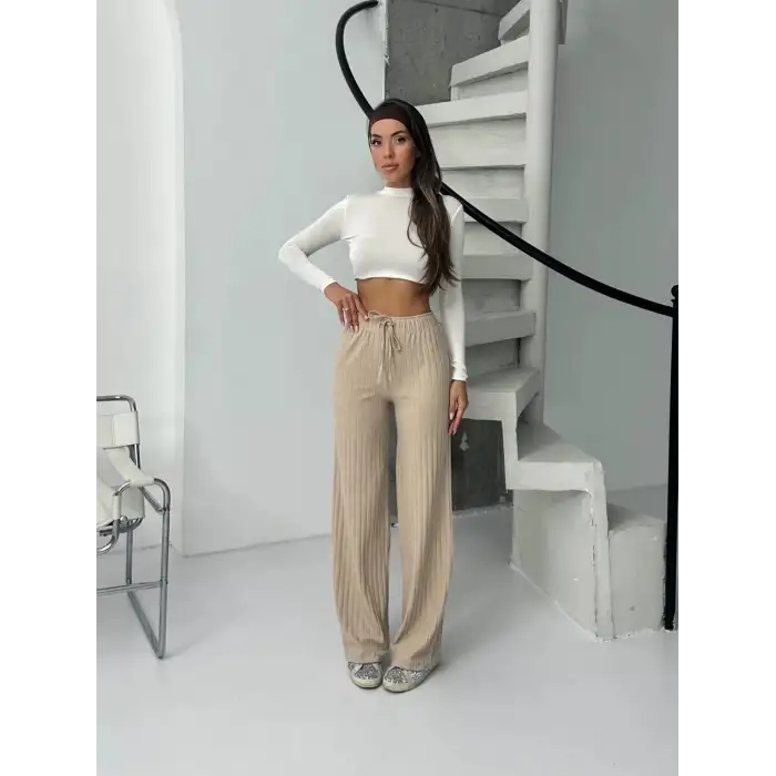 Fitilli şardonlu pantolon bej a4058