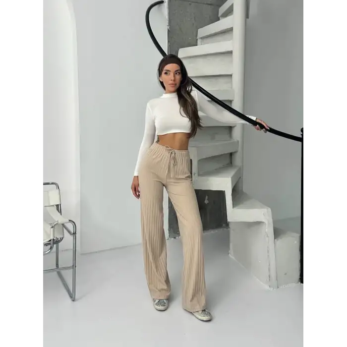 Fitilli şardonlu pantolon bej a4058