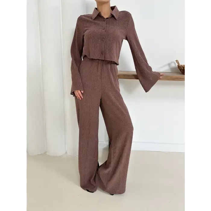 Gömlek yaka kaplama düğmeli takım kahve st265866