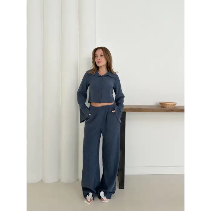 Gömlek yaka kaplama düğmeli takım lacivert st265866