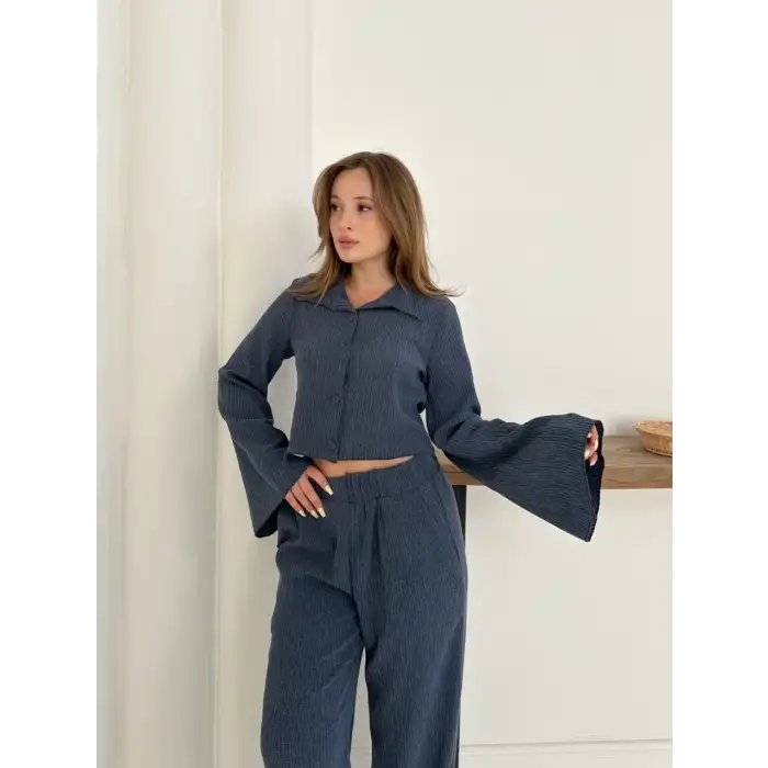 Gömlek yaka kaplama düğmeli takım lacivert st265866