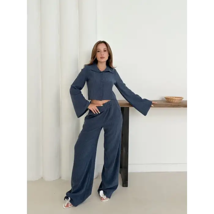 Gömlek yaka kaplama düğmeli takım lacivert st265866