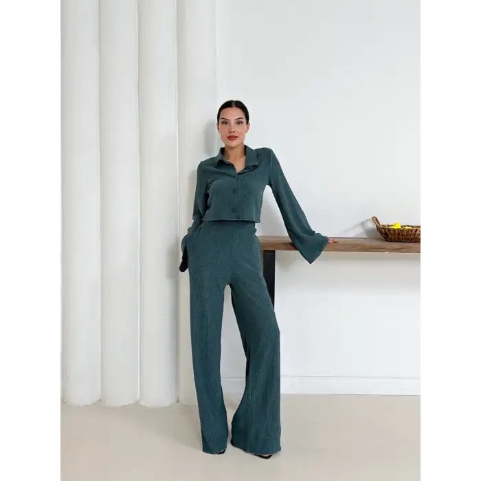 Gömlek yaka kaplama düğmeli takım petrol yeşili st265866