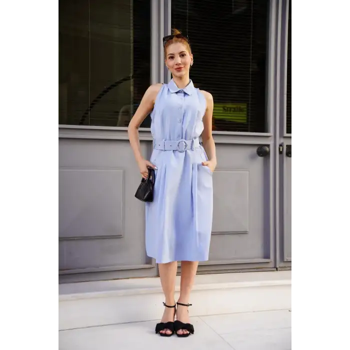 Gömlek yaka kemerli elbise mavi s255061