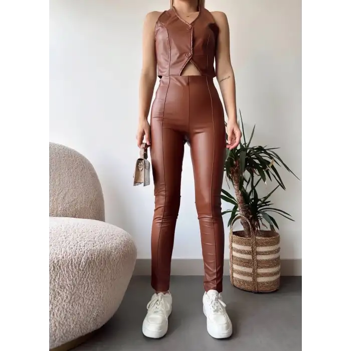 İki düğmeli deri yelek kahve s243001