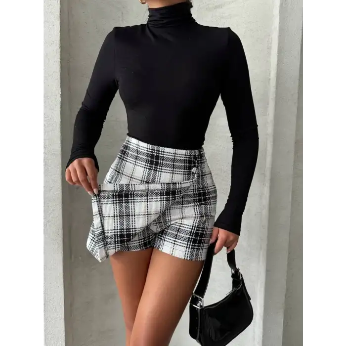 İki düğmeli şort ch kumaş etek ekoseli siyahbeyaz h26414
