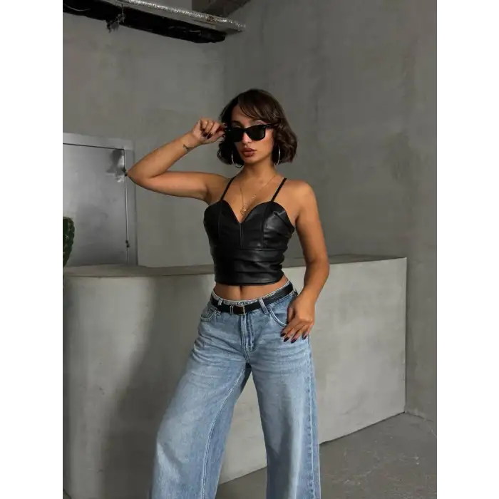 İp askılı yandan fermuarlı rastale deri crop siyah s24113