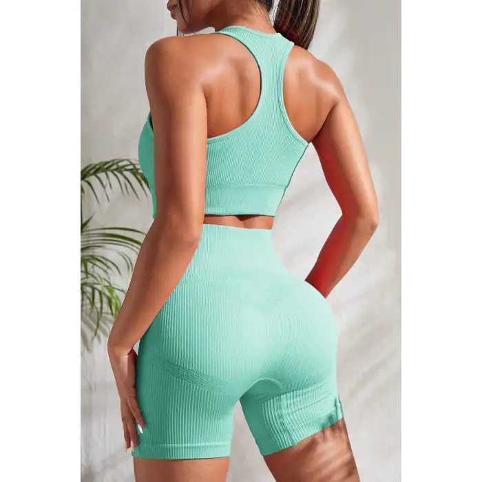 Kadın Açık Mavi Yüksek Bel Çapraz Sırt Detaylı Şortlu Gecelik Takım – Modern, Konforlu ve Günlük Kombinlere Uygun