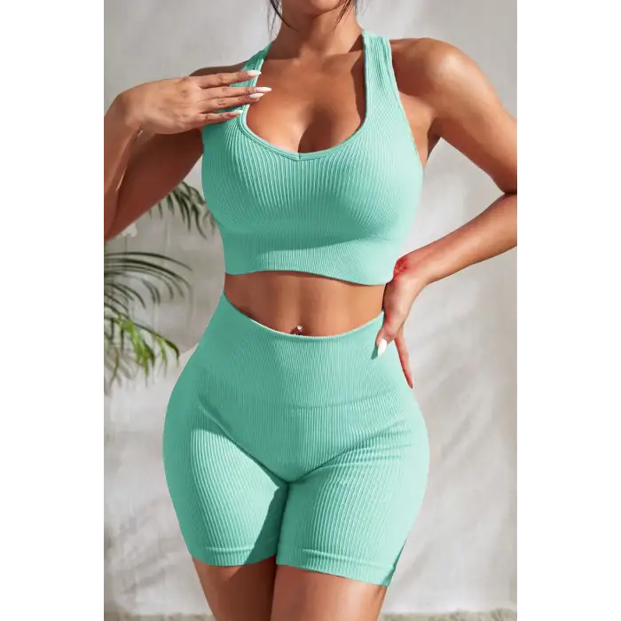 Kadın Açık Mavi Yüksek Bel Çapraz Sırt Detaylı Şortlu Gecelik Takım – Modern, Konforlu ve Günlük Kombinlere Uygun