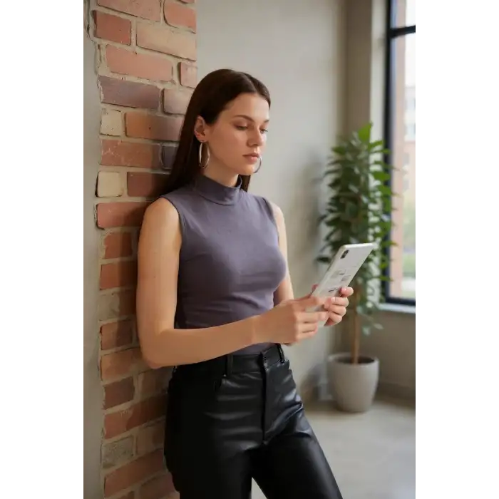 Kadın Antrasit Gri Kolsuz Balıkçı Yaka Basic Bluz