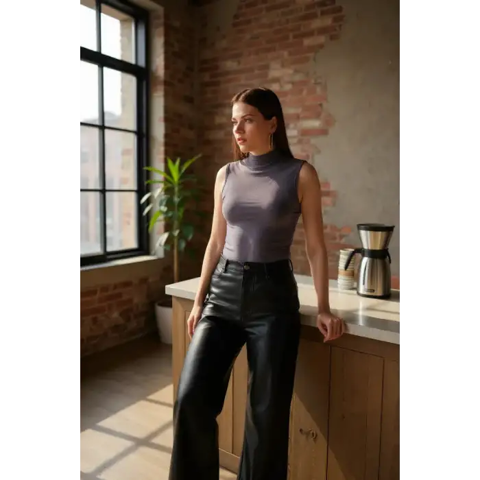 Kadın Antrasit Gri Kolsuz Balıkçı Yaka Basic Bluz